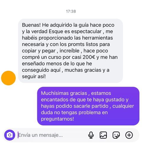 Captura real de una opinión sobre la Guía Avatares IA, recibida por WhatsApp