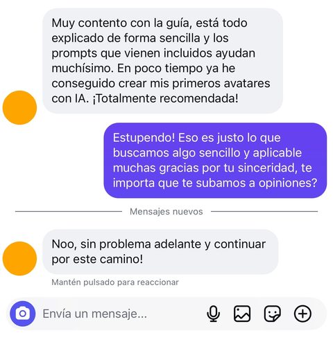 Captura real de una opinión sobre la Guía Avatares IA, recibida por WhatsApp