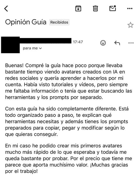 Captura real de una opinión sobre la Guía Avatares IA, recibida por email